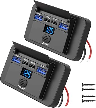 2 Pack 12V USB Outlet Surface Mount 4 Port with Voltmeter, Dual PD 36W and QC3.0 18W Car USB Port Lightweight Charger Socket Replacement Panel with Button Switch for Boat Bus Marine RV Truck Golf Cart