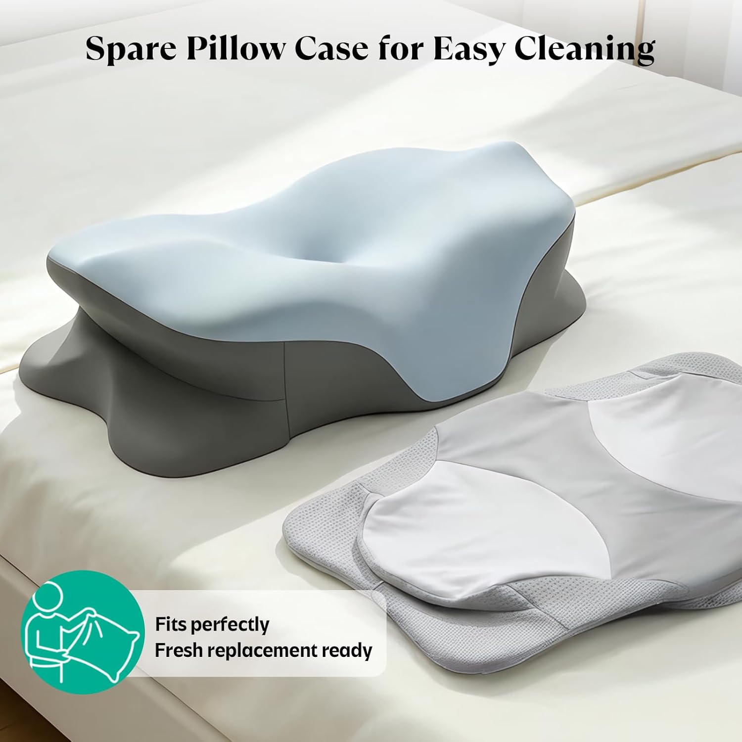 Cervical Neck Pillow for Pain Relief, 2 Cooling Pillowcases 1 Ergonomic Memory Foam Pillow Core for Sleeping Contour Shoulder Head Arm Support Pillows for Side Back Stomach Sleepers (Blue & White) - Image 2