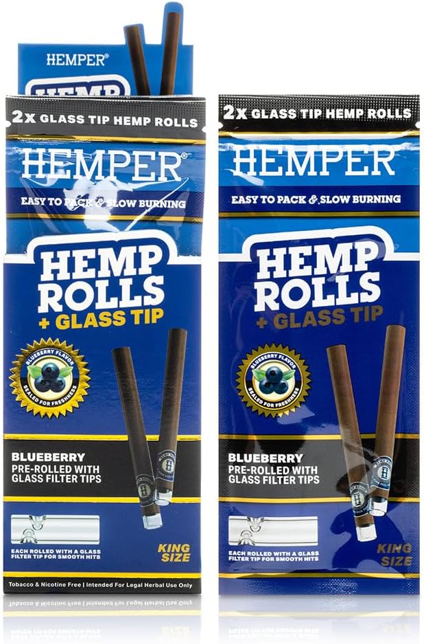 Hemper Pre-Rolled King Size Hemp Rolls with Reusable Glass Tips - 2PK | 12ct Display | Hand-Rolled, Natural Hemp Paper Rolls in Protective Case for Smooth, Clean Burn and Freshness - (Blueberry)