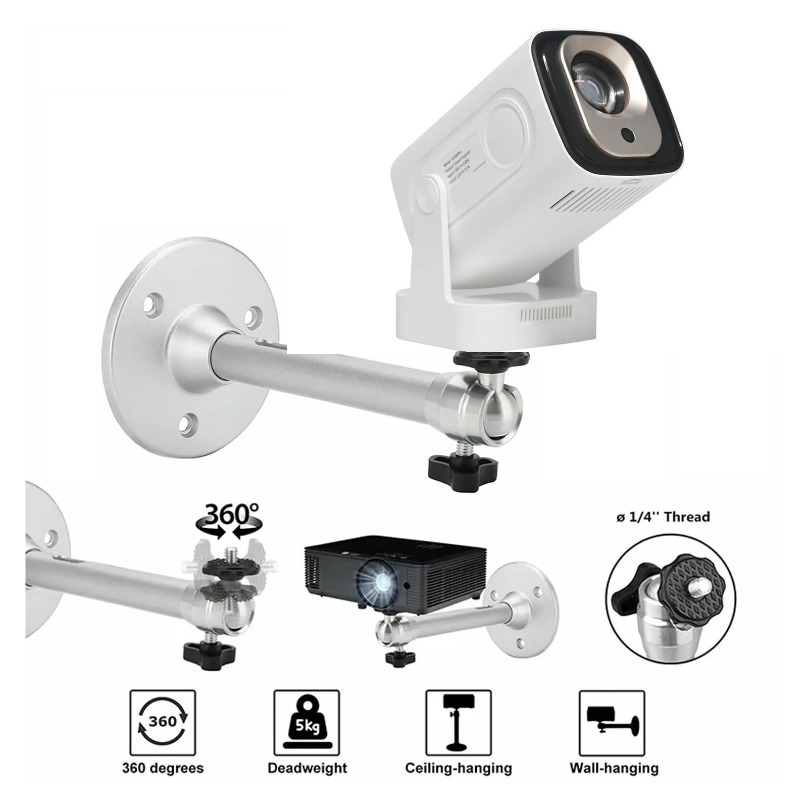 Supporto for proiettore, ruotabile a 360°, HY260 Pro HY320 | Design portatile, lega di alluminio, utilizzo a parete a soffitto, posizionamento flessibile(Silver)