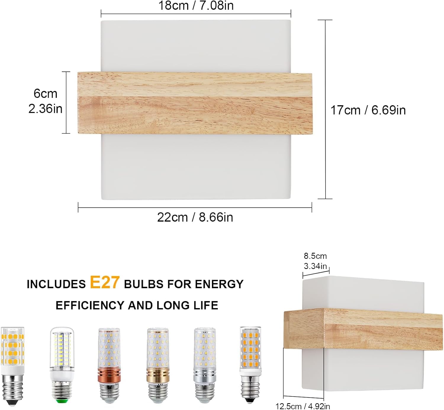 DELIPOP Wandleuchte Innen Holz, Dimmbare Wandlampe mit 12W Glühbirne | Vintage Wandbeleuchtung für Wohnzimmer Schlafzimmer Flur Treppen