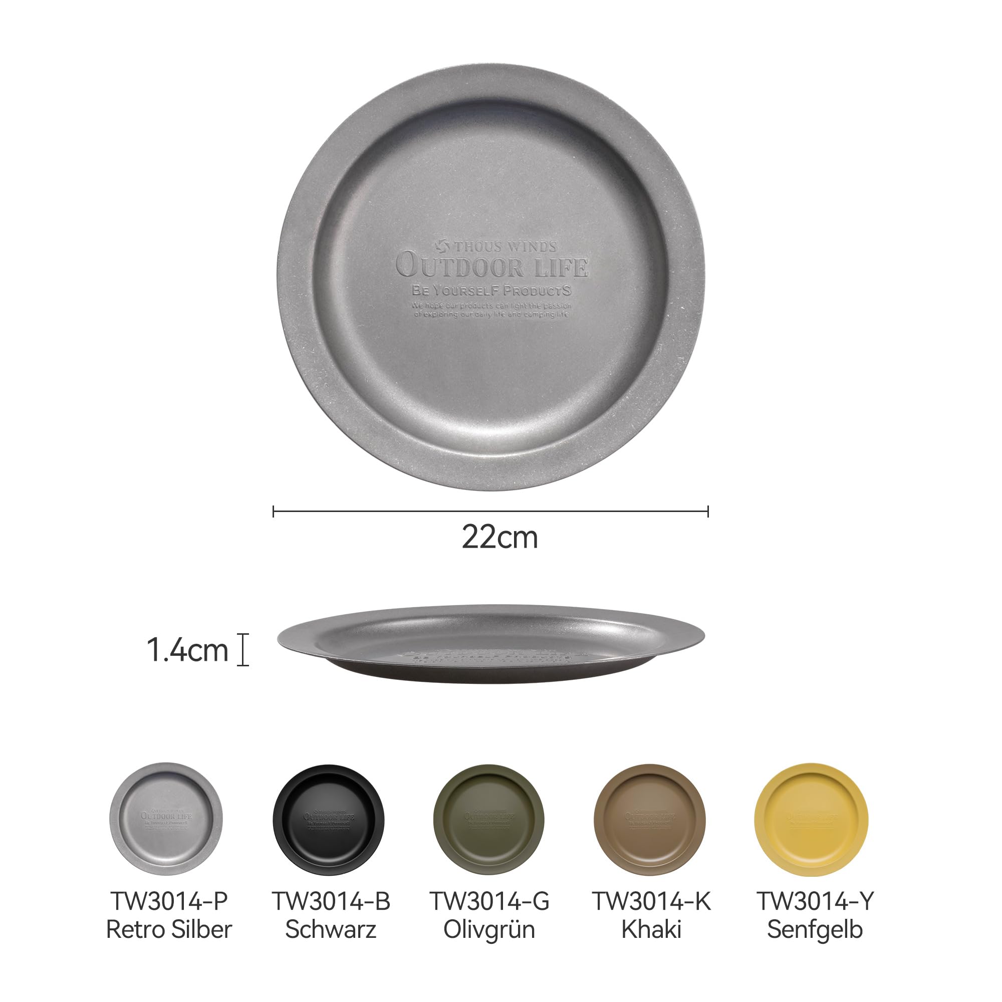 Thous Winds Edelstahl Teller Rund, 2er-Set Edelstahl Rundes Geschirr, Φ22cm Leichte Camping Geschirr Essteller Speiseteller, Robuster Edestahlteller für Outdoor, Picknick, Wandern, Küche - Olivgrün