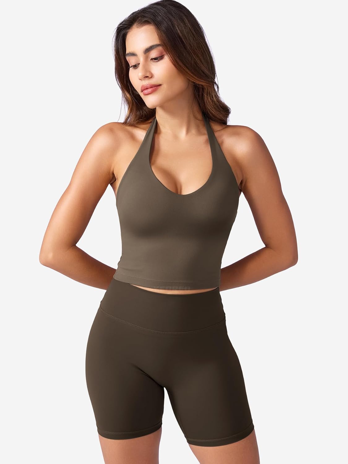 YEOREO Women's Halter Crop Top V Neck Workout Going Out Tank Top Hazel Padded Sleeveless Backless Trendy Summer Camisole - Image 6