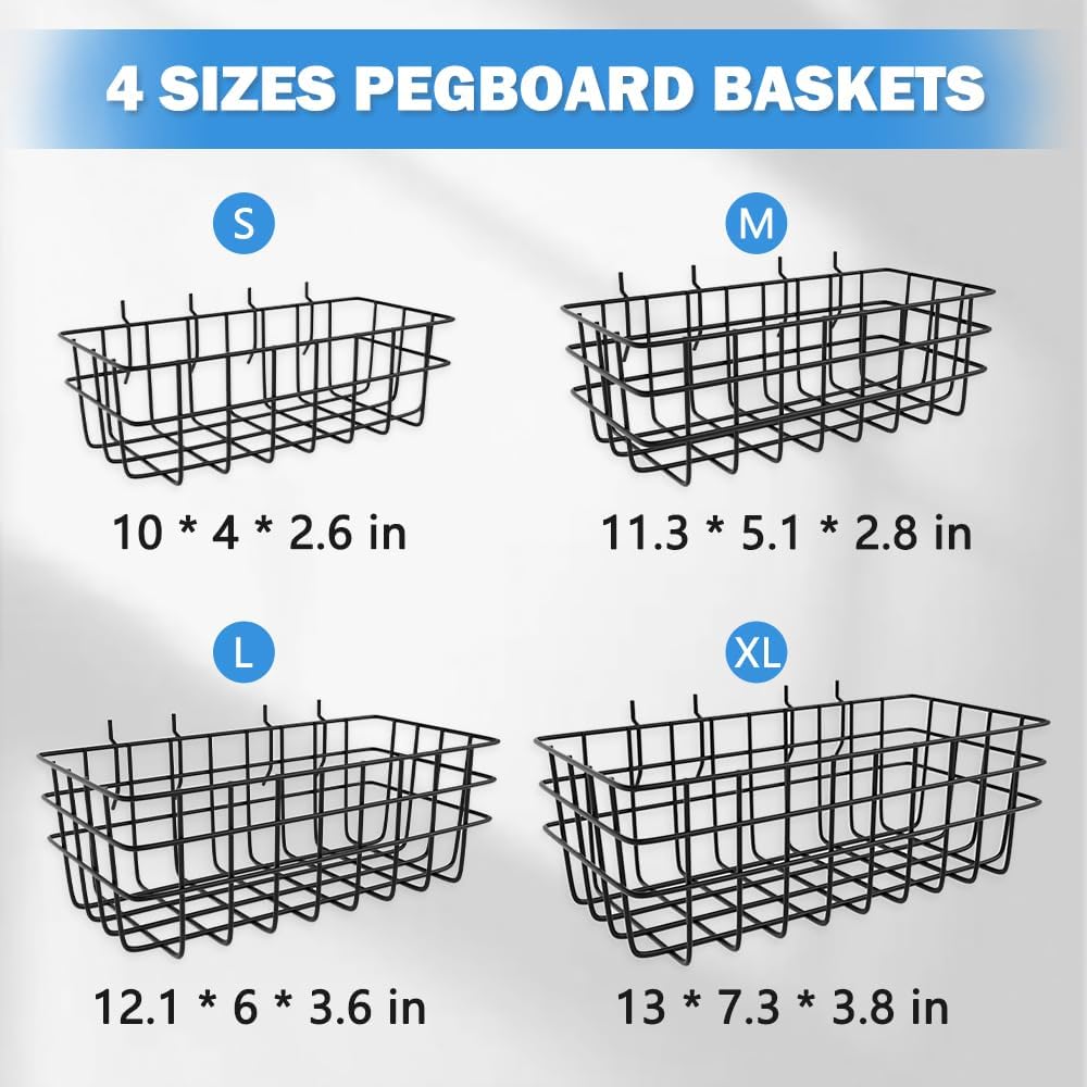 Pegboard Baskets 4 Pack, Bins Set, Accessories, Garage Storage Wall Organizer Attachments, Square Style Black