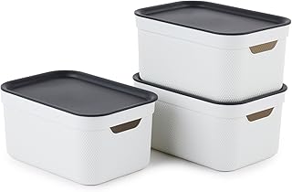 Jive 3er-Set Aufbewahrungsboxen mit Deckel klein | 5l, A5 | Stapelboxen mit Griffen | mit Flechtmuster | modular & stapelbar | pflegeleicht & stabil | hellgrau/anthrazit