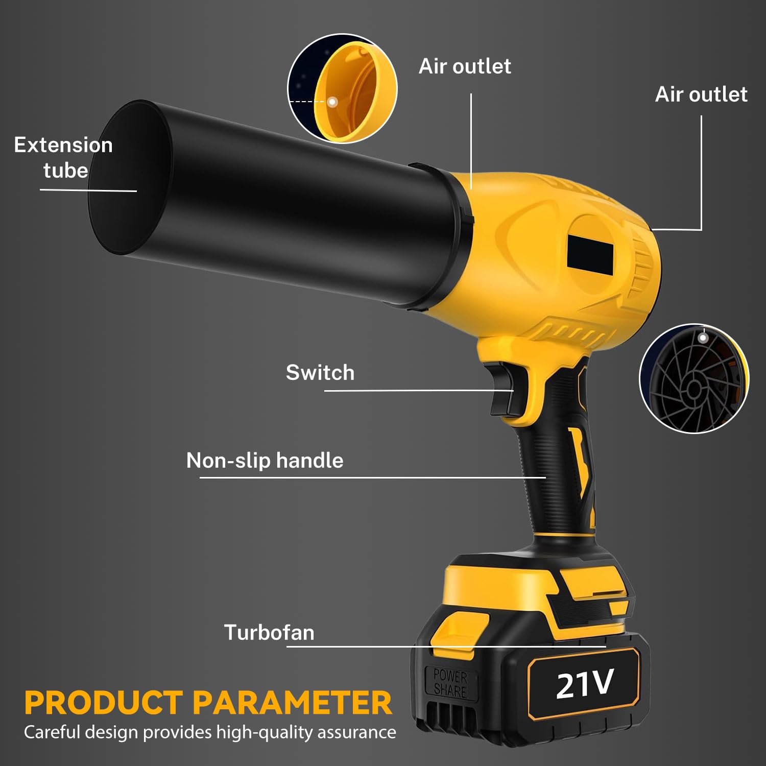 Soplador eléctrico turbo de 3000 W, con 2 baterías, motor sin escobillas, 30.000 rpm, soplador de polvo eléctrico, soplador de aire para hojas, nieve y polvo, ajustable sin niveles (amarillo)