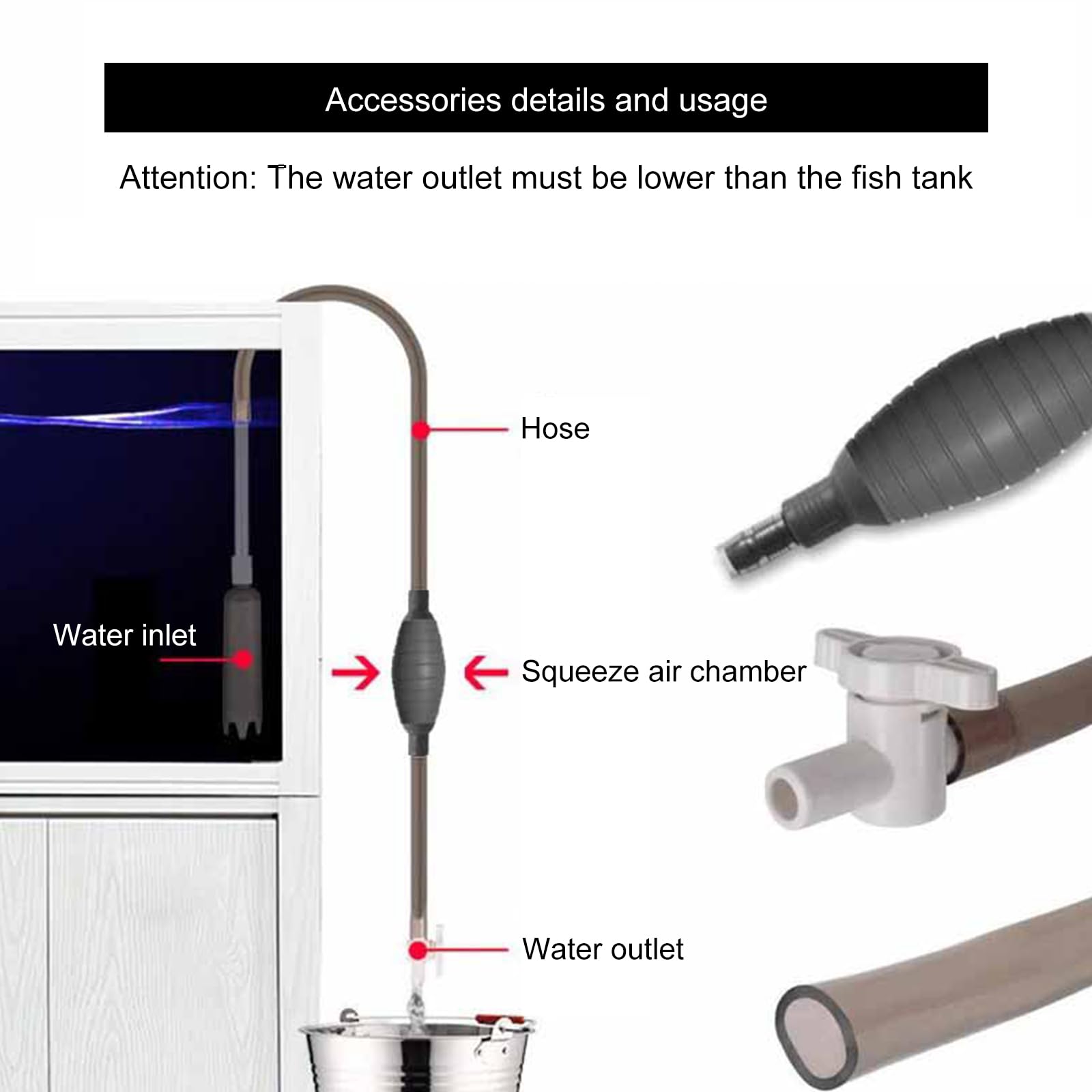 Sifonador Acuario para Cambio de Agua,Sifón Acuario,Cambiador de Agua de Acuario,Cambiador De Agua,Limpiador de acuarios,Con 2 cabezas de succión y pinzas de tubería para limpiar y reemplazar el agua