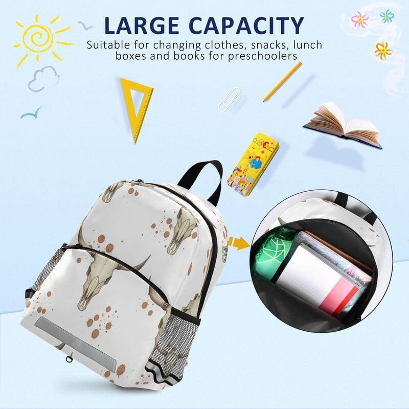 QUGRL Bull Skulls with Splatters Toddler Backpack for Boys Girls Kids School Backpack with Chest Strap Leash Preschool Schoolbag Nursery Kindergarten Bag for Daycare Travel Hiking School