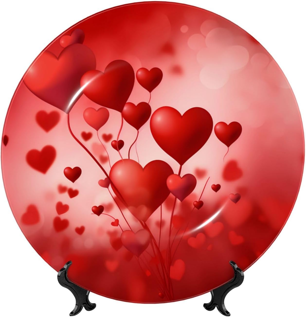 Love Heart Shape Balloon Round Decorative Ceramic Plates with Stand, 10" Valentines Day Hanging Bone China Art Wobble-Plate for Home Hallway Wall Office Table Decor