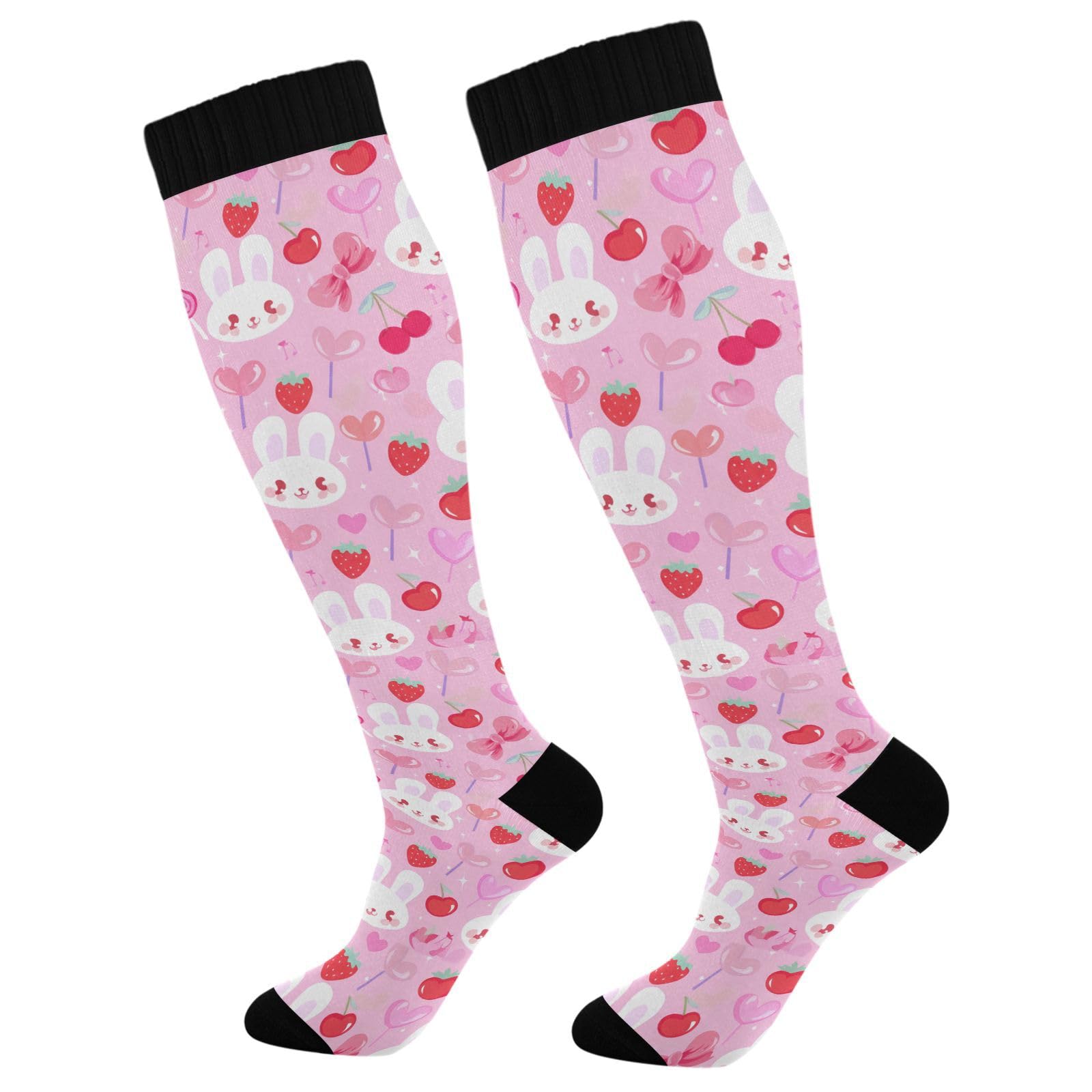 Wassud Bunny with Strawberry Compression Socks for Women and Men 20-30 mmHg Knee High Socks for Nurses Travel Socks 1 Pair