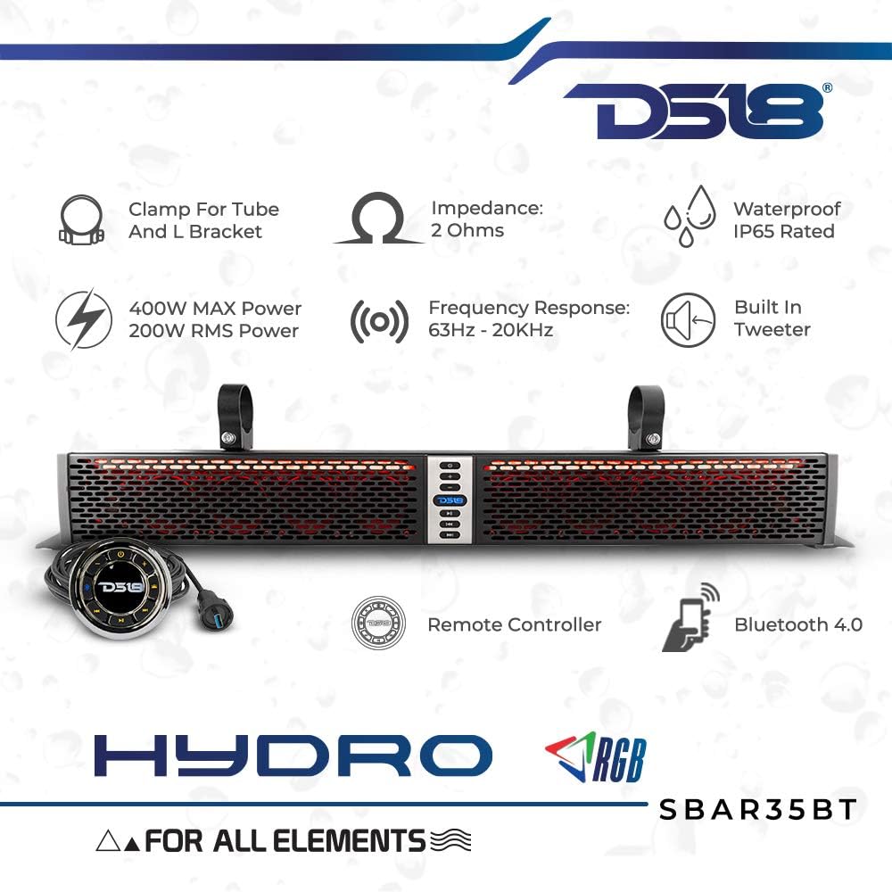 New Arrivals DS18 SBAR35BT Black Hydro 35 2-Way Sound Bar Waterproof Speaker with Integrated RGB Lights and Bluetooth System - 400 Watts MAX, 200 Watts RMS – Ideal for ATV, UTV, Jeep, SXS, Marine,RZR
