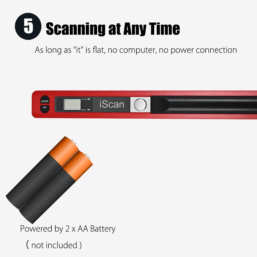 iScan Magic Wand przenośny skaner wizytówek i dokumentów - mini rozmiar, mobilny skaner USB (czerwony)