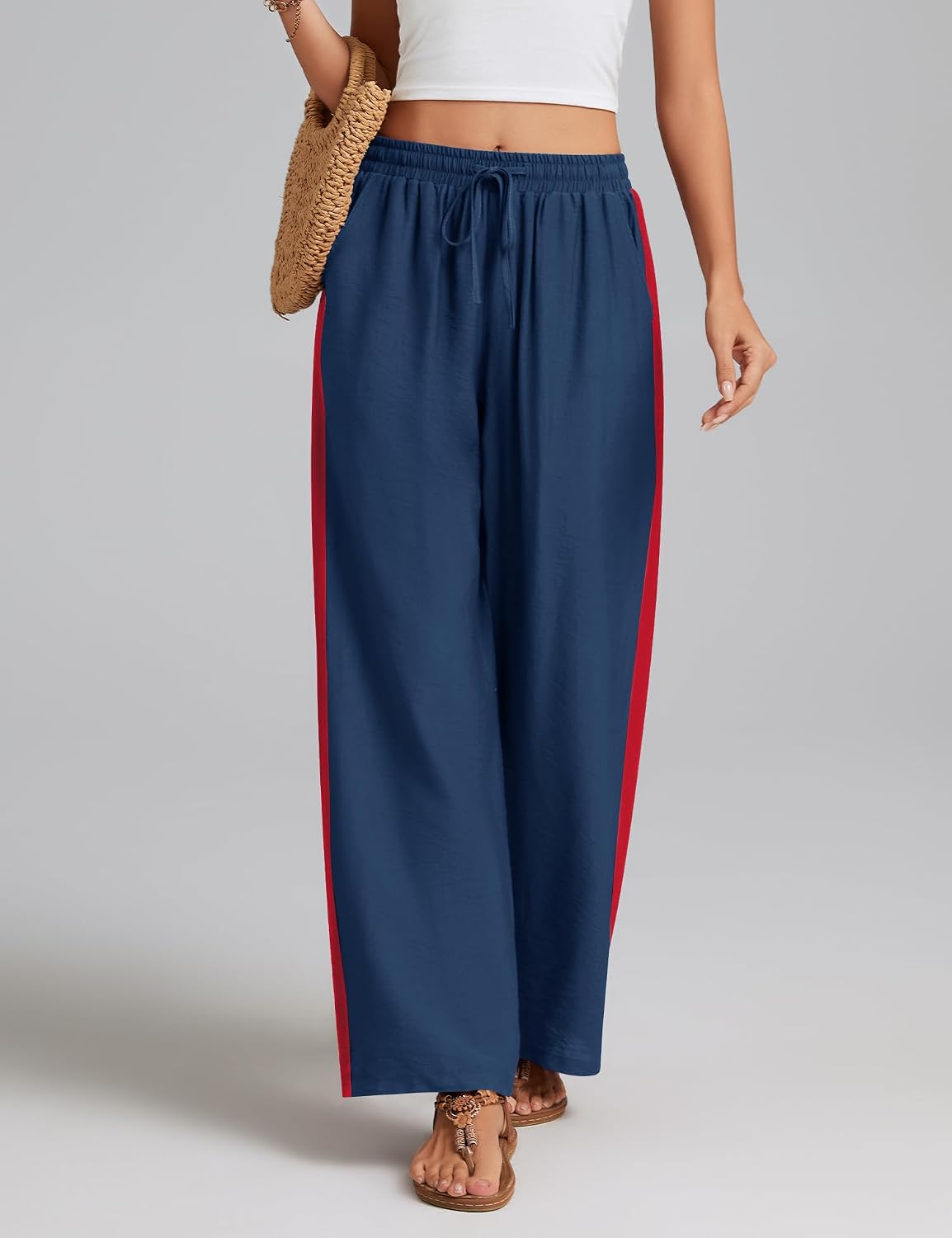 Rapbin Women's Leopard Wide Leg Pants Casual Side Striped High Waisted Palazzo Trousers with Pockets Summer 2026