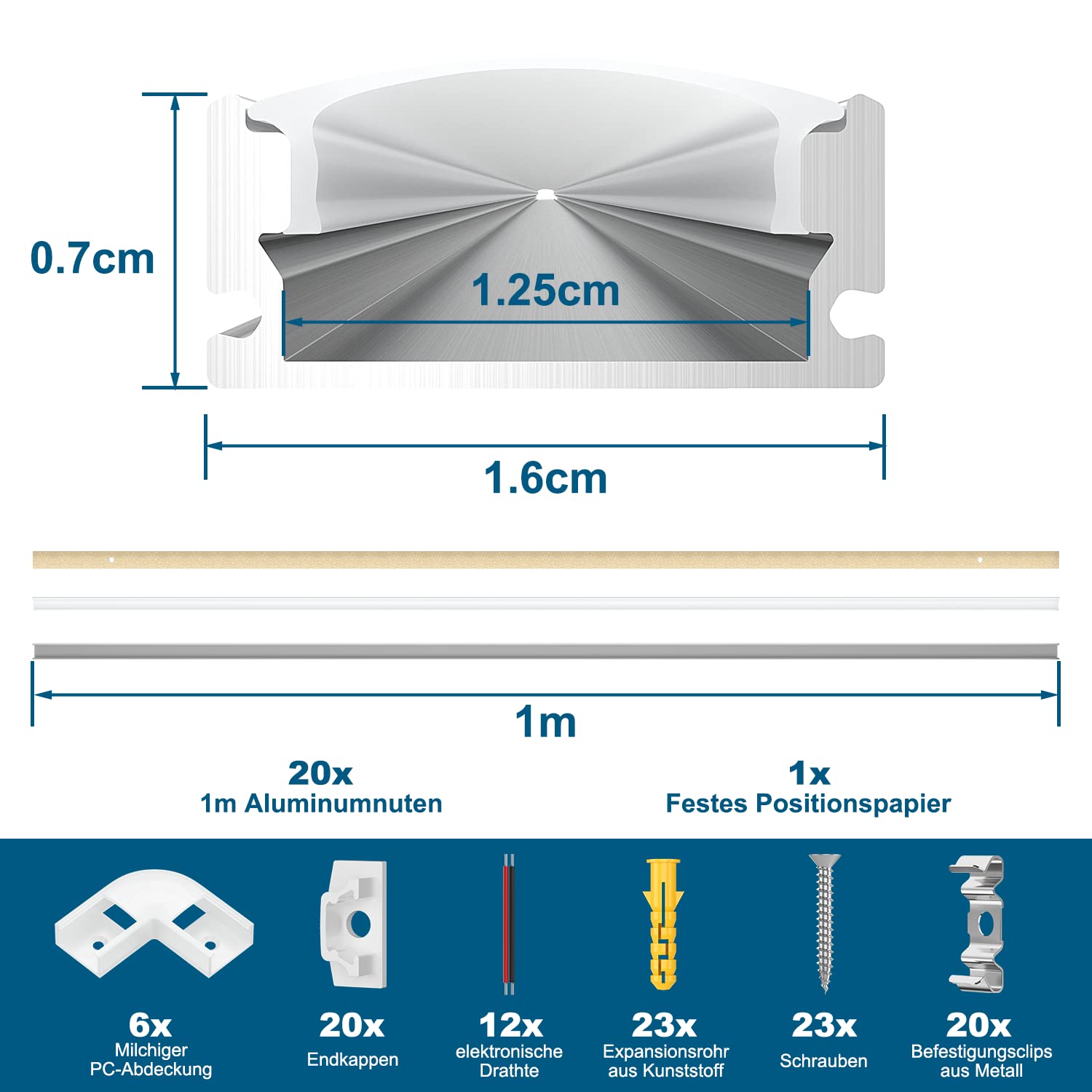 Profilo LED 10 x 1 m, confezione da 10 profili a U in alluminio con copertura bianca lattea, tappi terminali e clip di montaggio per strisce LED, canali LED per strisce LED fino a 10 mm, incl