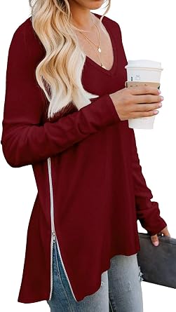 PrinStory Womens Long Sleeve Shirt Fall Tops Casual V Neck Side Split Shirt With Side Zipper