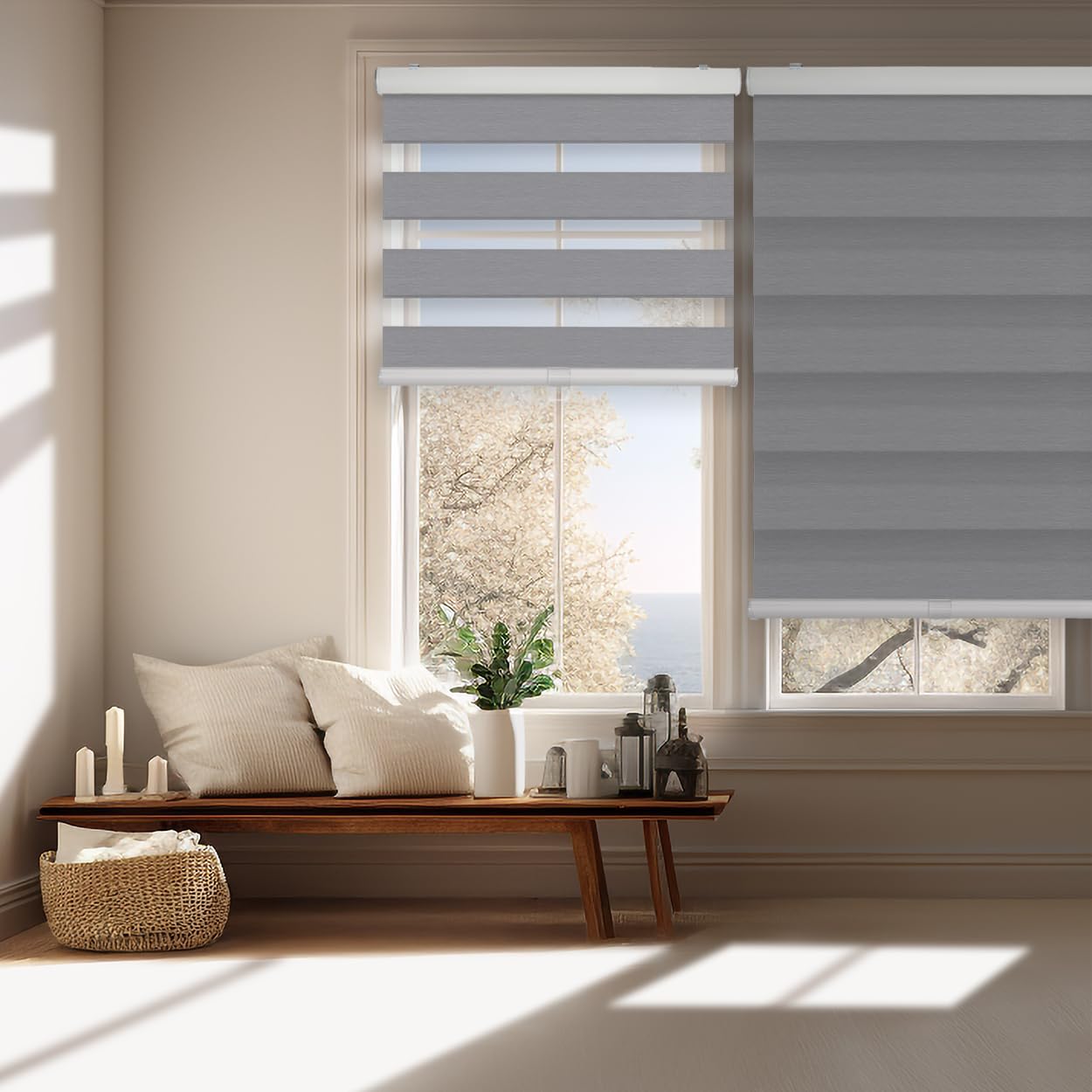 FOIRESOFT Cordless Blackout Zebra Roller Shades and Blinds for Windows [Bonita, Grey, W 36 x H 64 inch] Dual Layer Sheer Room Darkening, Select 1x1
