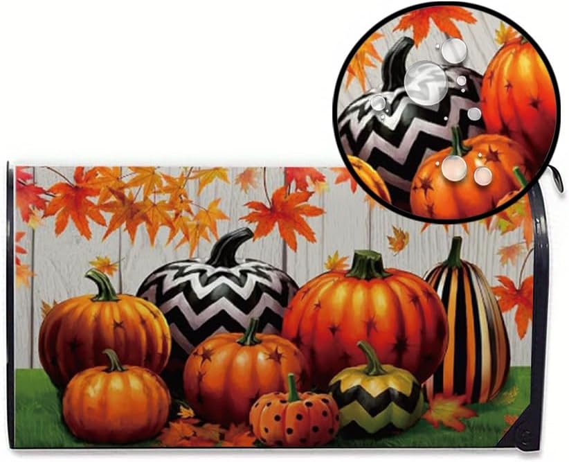 Pumpkin Magnetic Mailbox Cover with Maple Leaves, Waterproof Oxford Cloth Mailbox Wrap, Outdoor Garden Yard Home Decor for Standard Size 18" x 21"