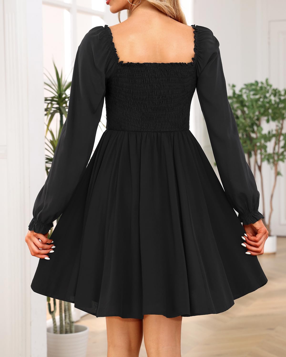 Holipick Women's Casual Square Neck Smocked Dress Shirred Ruffle Puff Sleeve High Waist Cute Flowy A-Line Short Dress - Image 3