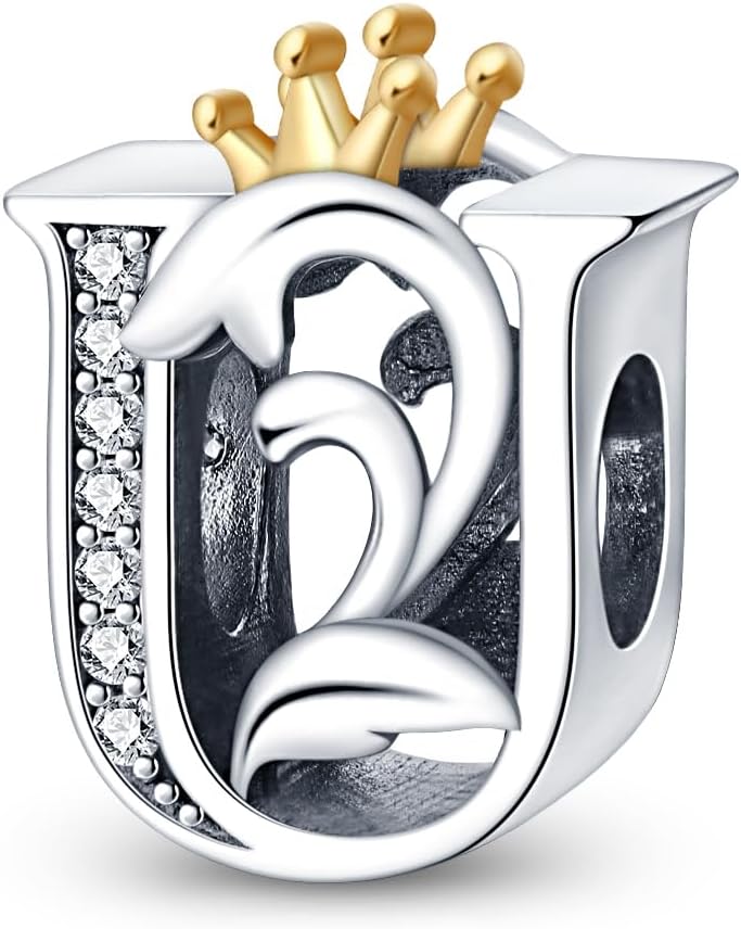 Letter Alphabet A to Z Crown Bead Charm Compatible for Women Bracelets Necklaces in 925 Sterling Silver with CZ Charms,Mother's Day Birthday Women Jewelry