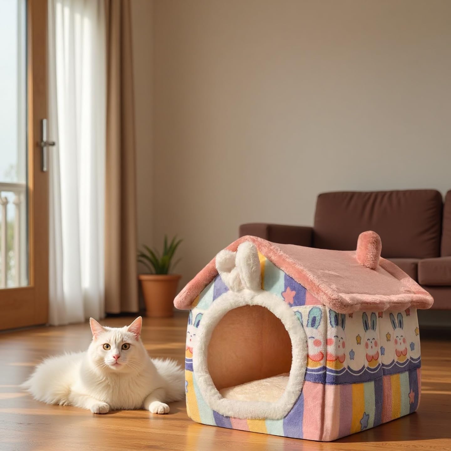 Cat Bed Cave, Cute Bear Shape Cat Beds for Indoor Cats, Pet House Cats Tent with Removable Cushion Pillow for Kittens Puppy Small Dogs (Pink, S)
