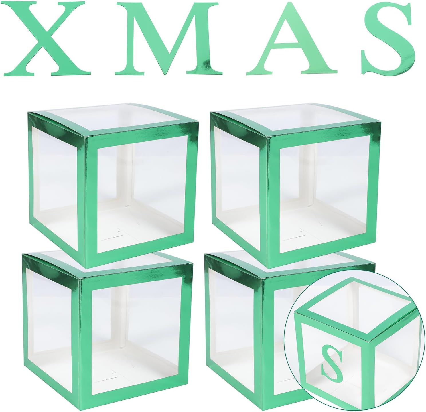 Christmas Balloon Storage Box Set, Green Balloon Display Case with Xmas Letters, Party Prop Organizer for Holiday Decorations and Festival Events