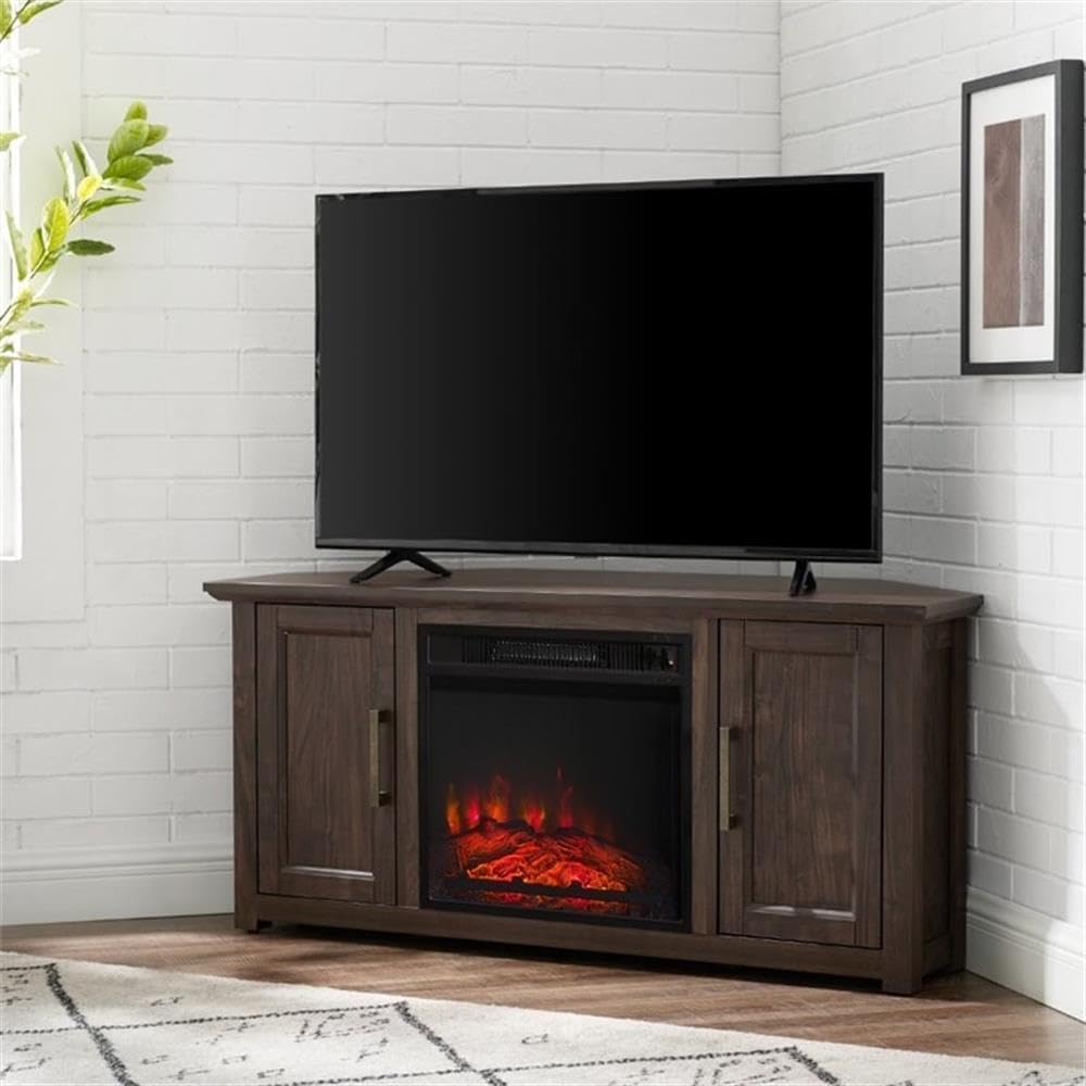 Pemberly Row 48" Corner Wood TV Stand with Fireplace, Dark Walnut Finish, Rustic Design, Tempered Glass Doors, Fits TVs Up to 50", Adjustable Shelves, Electric Fireplace Heating for Living Room