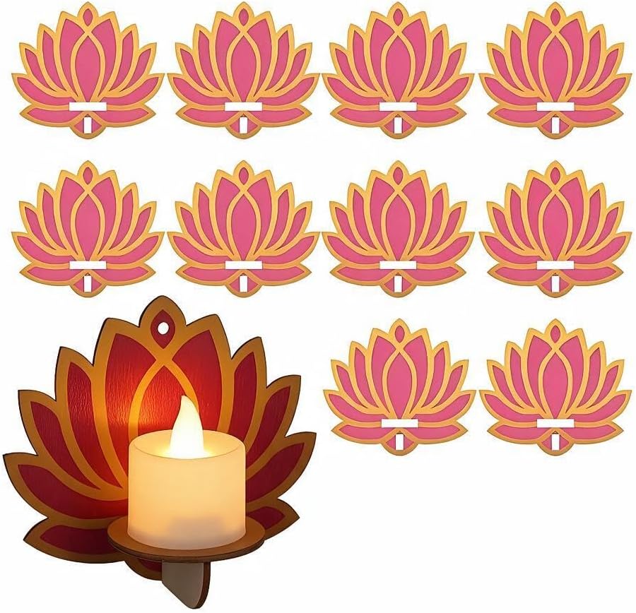 Lotus Wooden Candle Holder for Diwali Wall Decor and Tabletop LED