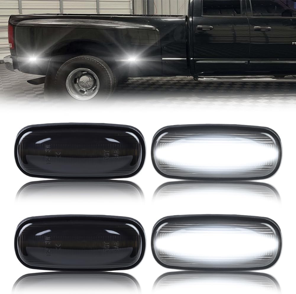 LED Rear Side Marker Lights Assembly for 2003-2009 Dodge Ram 2500 3500 Dual Rear Wheel Fender Bumper Marker Signal Lamps, Replace OEM Smoked Lens White LED Side Turn Signal Lamps, 4 PCS
