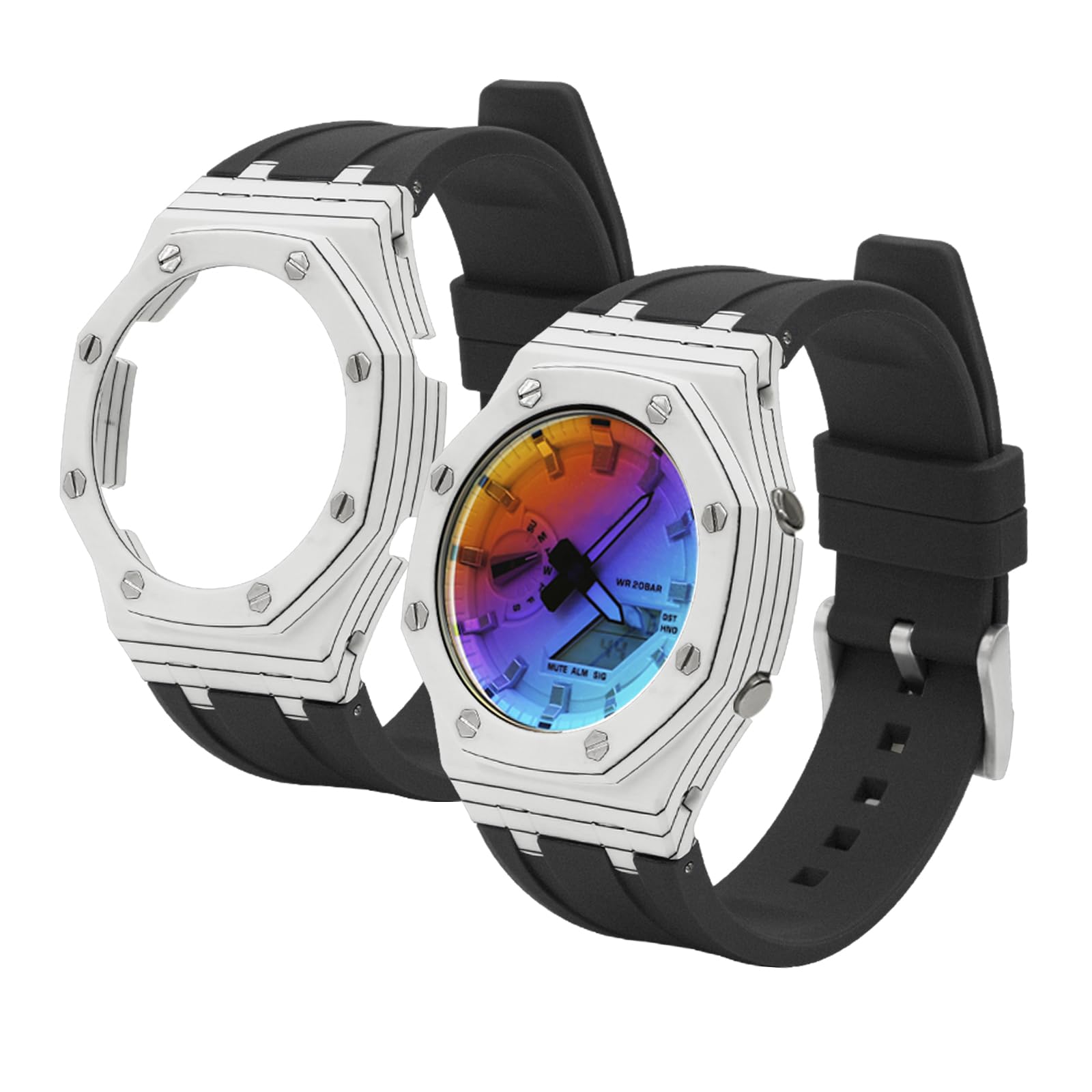 Neuupesen GA2100 Casioak - Carbon Fiber Case with Fluorine Rubber Strap - Retrofit Kit for Men's Watches Gshock GA-2100/GA-2110/GM-2100 (GA/GM2100, White+black)