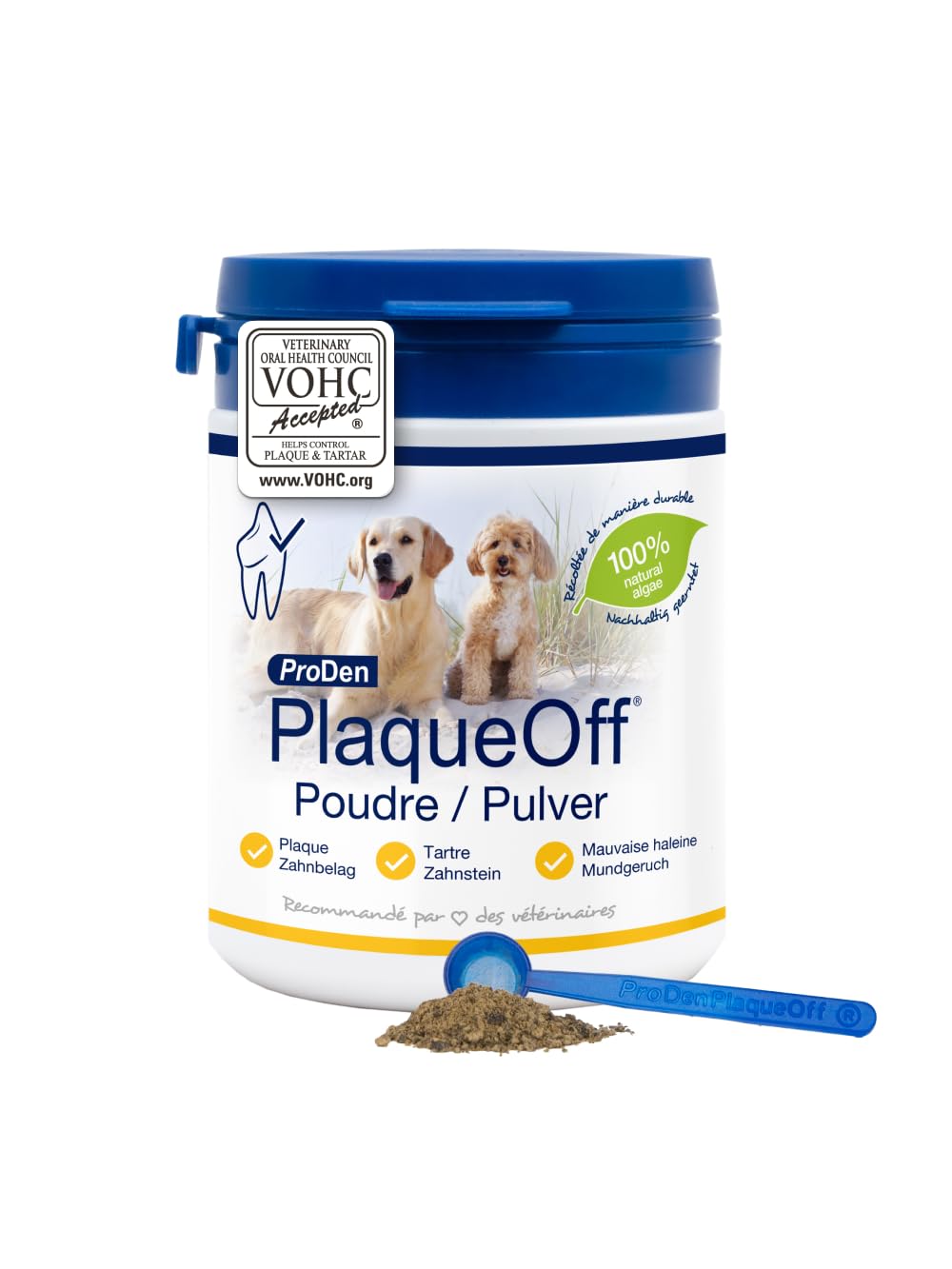 ProDen PlaqueOff Zahnpulver für Hunde & Katzen 180 g, Zahnputzflocken Hund, Hunde Zahnpflege bei Plaque und für frischen Atem, Zahnreinigung Hund für Maulgeruch und Zahnstein