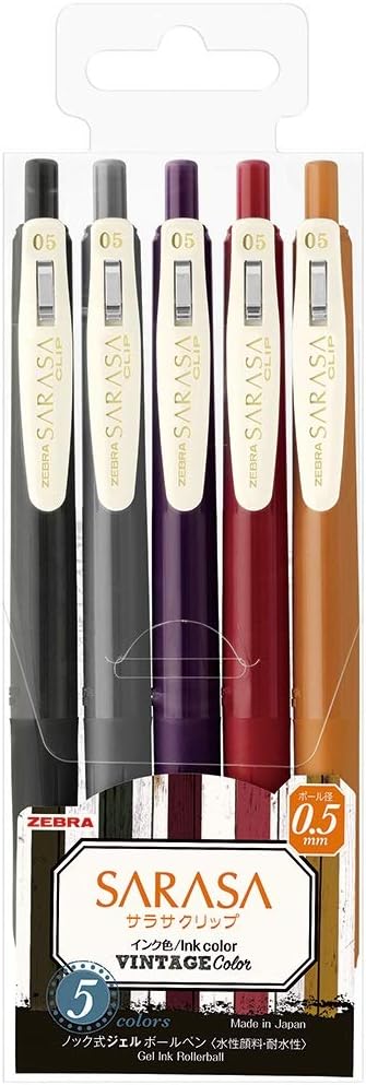 Zebra Pen Zebra Sarasa Clip Gel Ink Ballpoint Pen 0.5mm, Rubber Grip, Vintage Colors, 5 Colors Set 2 (JJ15-5C-VI2).