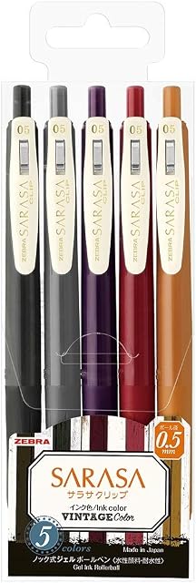 Zebra Sarasa Clip Gel Ink Ballpoint Pen 0.5mm, Rubber Grip, Vintage Colors, 5 Colors Set 2 (JJ15-5C-VI2)