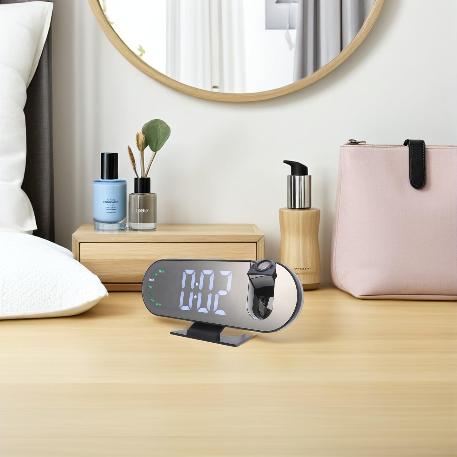 TOYANDONA Reloj Despertador Digital con Proyección Led, Espejo Acrílico, Tamaño Compacto 23x9,4x5,6 Cm, Funciona con Pilas AAA y USB C, para Dormitorio y Hogar