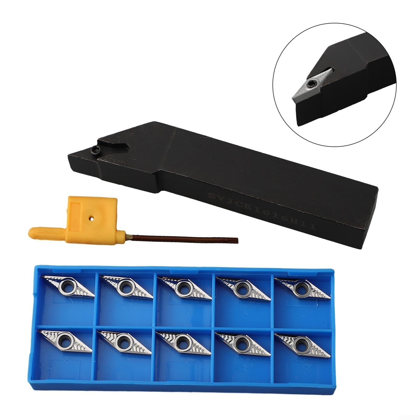 VCGT110304-AK H01 Insert en carbure avec SVJCR1616H11 Porte-outil de tour droit de 16 mm pour tournage CNC, angle de coupe de 93°, tige en acier au carbone pour semi-finition et finition
