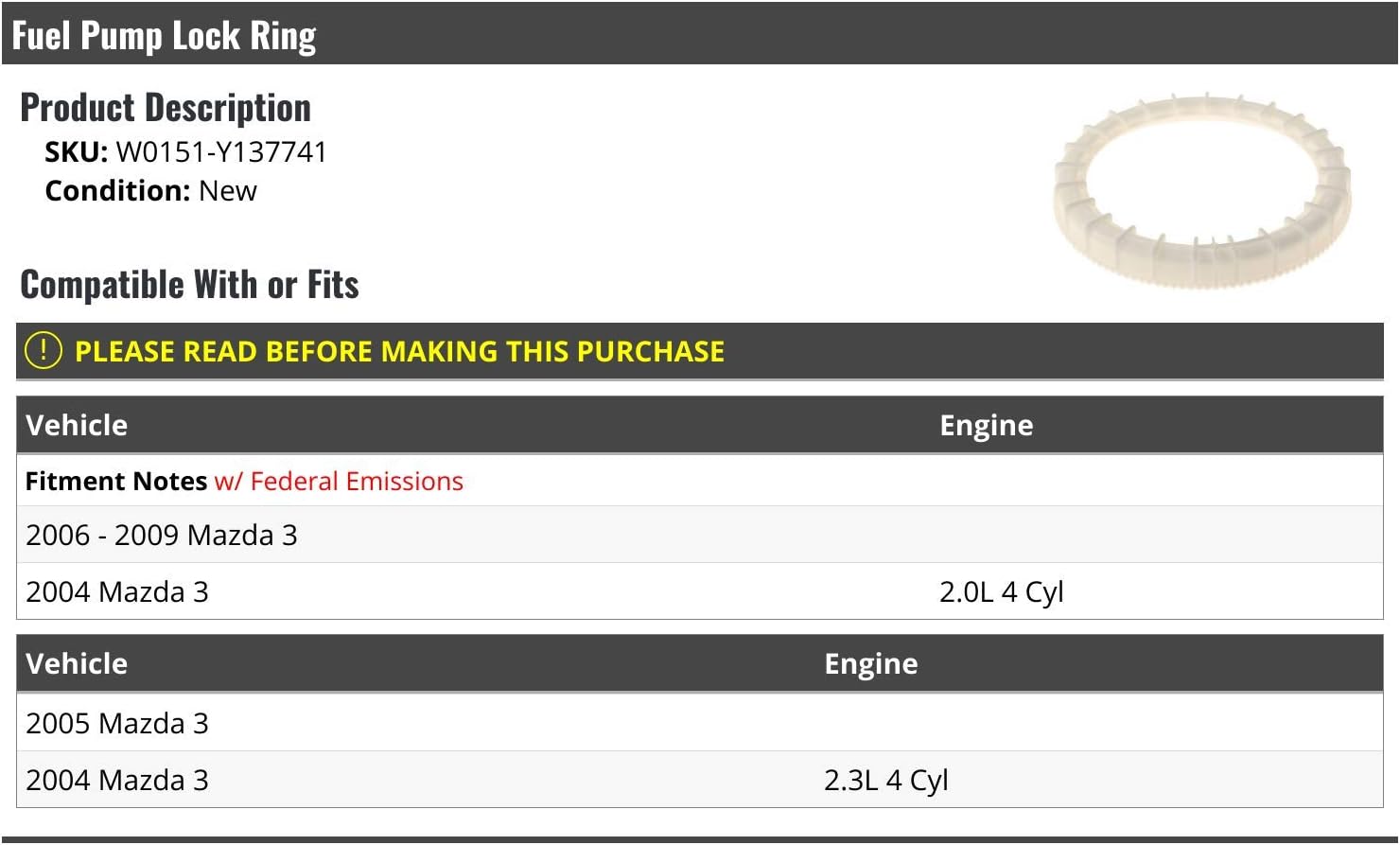 Marketplace Auto Parts Fuel Pump Lock Ring - Compatible with 2004-2009 Mazda 3