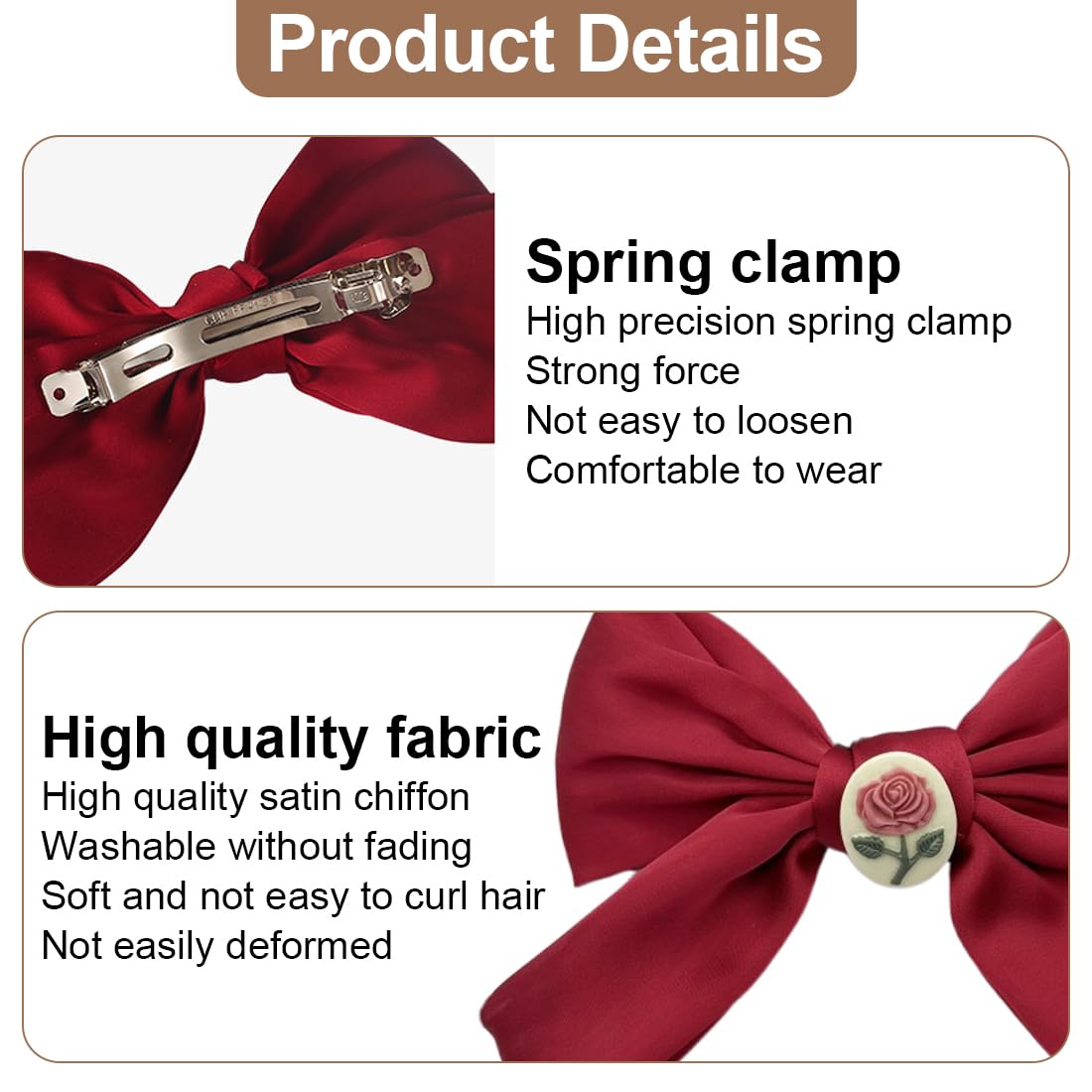 2 Haarschleifen Mit Rosenmuster – Satin, Groß, Mit Metallclip, Schwarz & Rot