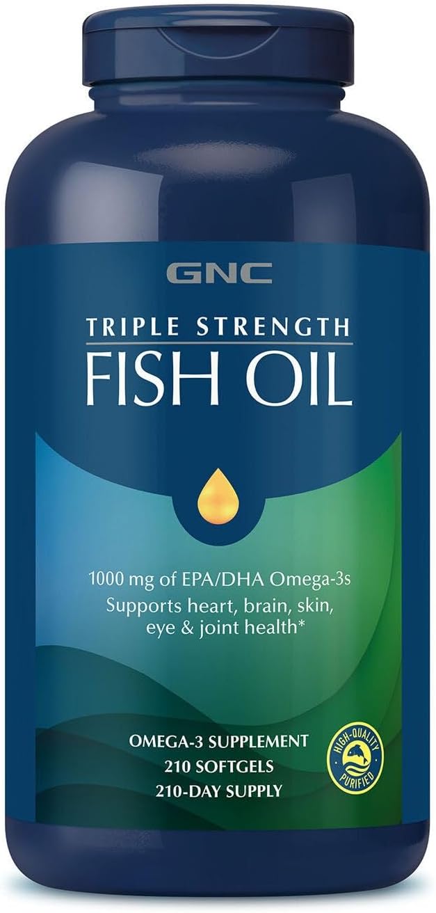 GNC Triple Strength Fish Oil Omega 3 Supplement, 1000mg EPA and DHA, Supports Heart, Brain, Skin, Eye and Joint Health, 210 Softgels