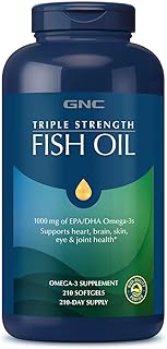 GNC Triple Strength Fish Oil Omega 3 Supplement, 1000mg EPA and DHA, Supports Heart, Brain, Skin, Eye and Joint Health, 210 Softgels