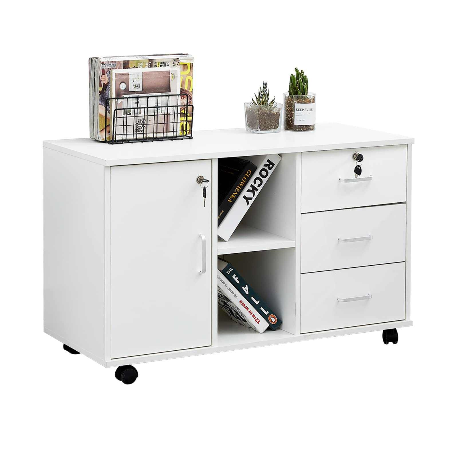CLIPOP Mobile Wooden Lockable 3 Drawer Lateral Filing Cabinet w/Open Storage Shelves, 1 Closed Storage and 5 Rolling Wheels, Printer Stand Cabinet for Home or Office Use White