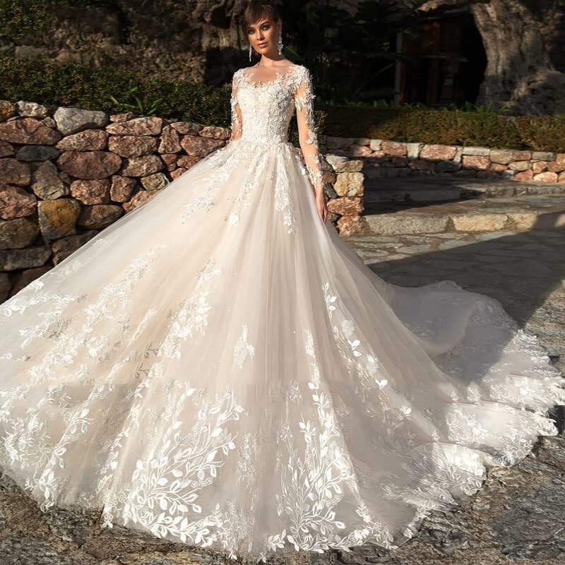 Women's Long Boho Beach Wedding Dresses for Wedding Lace Applique Tulle A Line Bridal Gowns with Sleeve HD9044