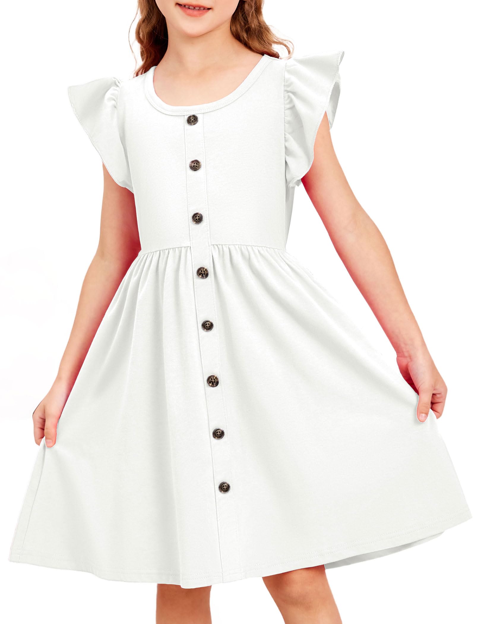 Arshiner Niñas Vestidos de Verano Volantes Niños de Algodón Vestido de Ocio Botón A-Line Midi Cuello Redondo Vestido de Fiesta para Niña 4-13 años