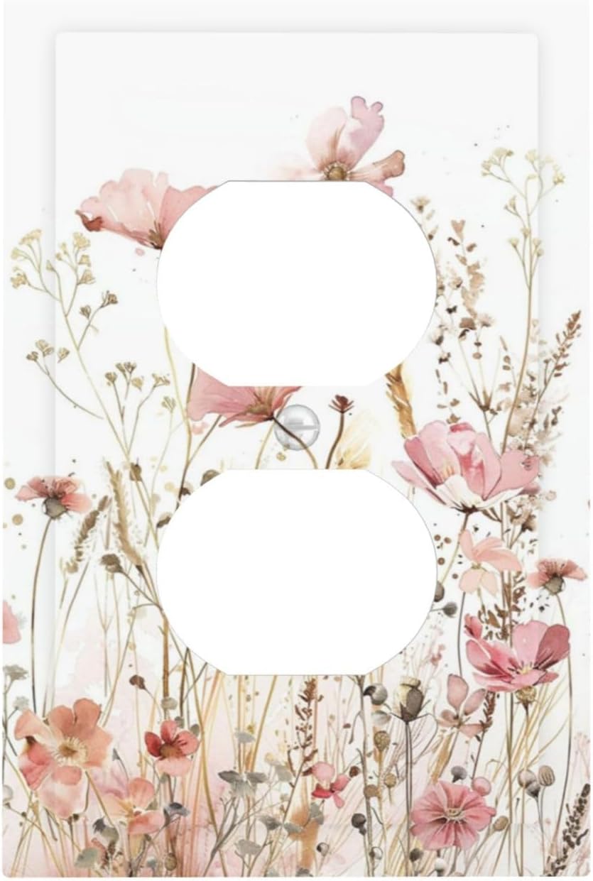Boho Floral Watercolor Pink Wildflower Butterfly Outlet Covers 1 Gang Duplex Light Switch Cover Decorative Switch Plates Electrical Receptacle Faceplate Wall Plate for Bedroom Living Room Decor