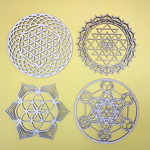 Image of Tucocoo 4pcs Sacred Geometry Wood Wall Art Set: Sri Yantra, Metatron's Cube, Seed of Life, Torus Yantra & Mandala - Unframed Wall Sculpture - Brown, Matte Finish - 12''x12''x0.2'' - Home Office Decor