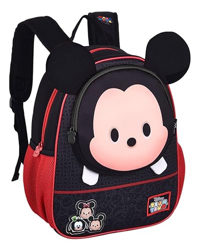 Mochila Escolar Infantil Mickey Mouse Disney Tsum Tsum, Alça de Costas Acolchoada, Preto/Vermelho
