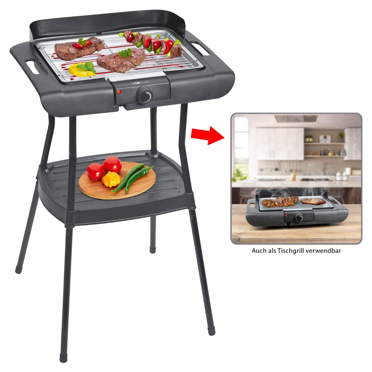 Clatronic BQS 3508 Grill elektryczny z nogami, Gril 35,5 x 24,5 cm, 2000 W, Metal, Czarny