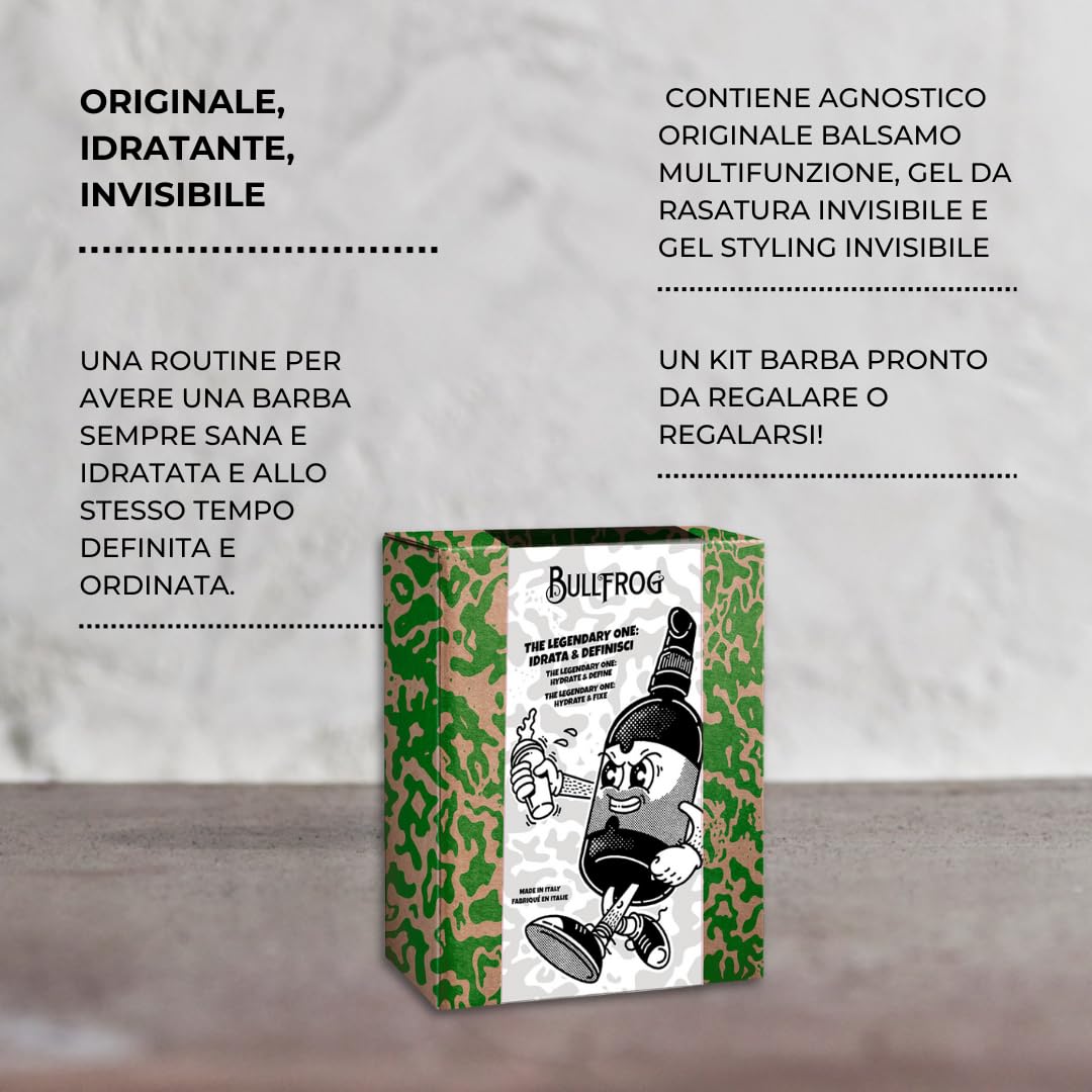 Bullfrog - Kit The Legendary One Idrata e Definisci 3 in 1, Limited Edition, Agnostico Balsamo Multifunzione Originale 100ml, Gel Rasatura Invisibile 100ml e Gel Styling Invisibile 50ml