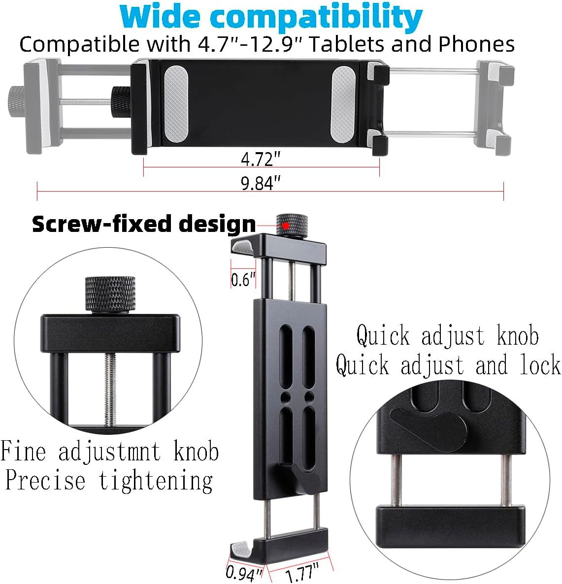 Aluminum Tablet Holder for Mic Stand, Side Mount for All iPad, 360 Rotatable With Super Clamp Compatible for iPad Pro 12.9, Air, Mini, Galaxy Tabs, 4.7-15" Tablets
