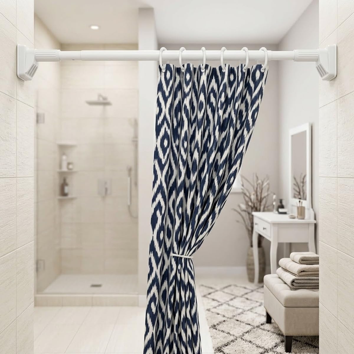 Tringle de Rideau de Douche Réglable Barre Télescopique Extensible 40-250 cm Tringle à Rideaux Tension Sans Percage pour Salle de Bain Cuisine(Blanc,1.1-2.0m/43in-79in)