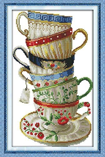 Dybst Stamped Cross Stitch Kits 14CT Pre-Printed Painting Cross Stiching DIY Art Crafts & Sewing Needlepoints Kit for Home Decor (Elegant Coffee Cup)