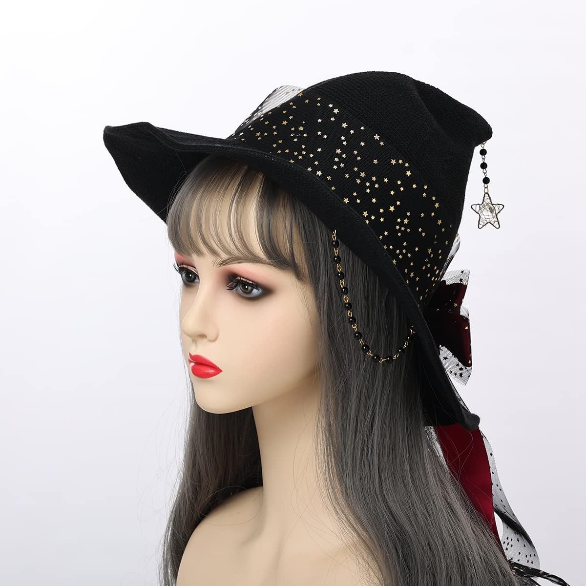 COSDREAMER Women Witch Hat Wool Knit Cap for Halloween Christmas Costume Party flowers stars bow (black red-lace) - Image 3